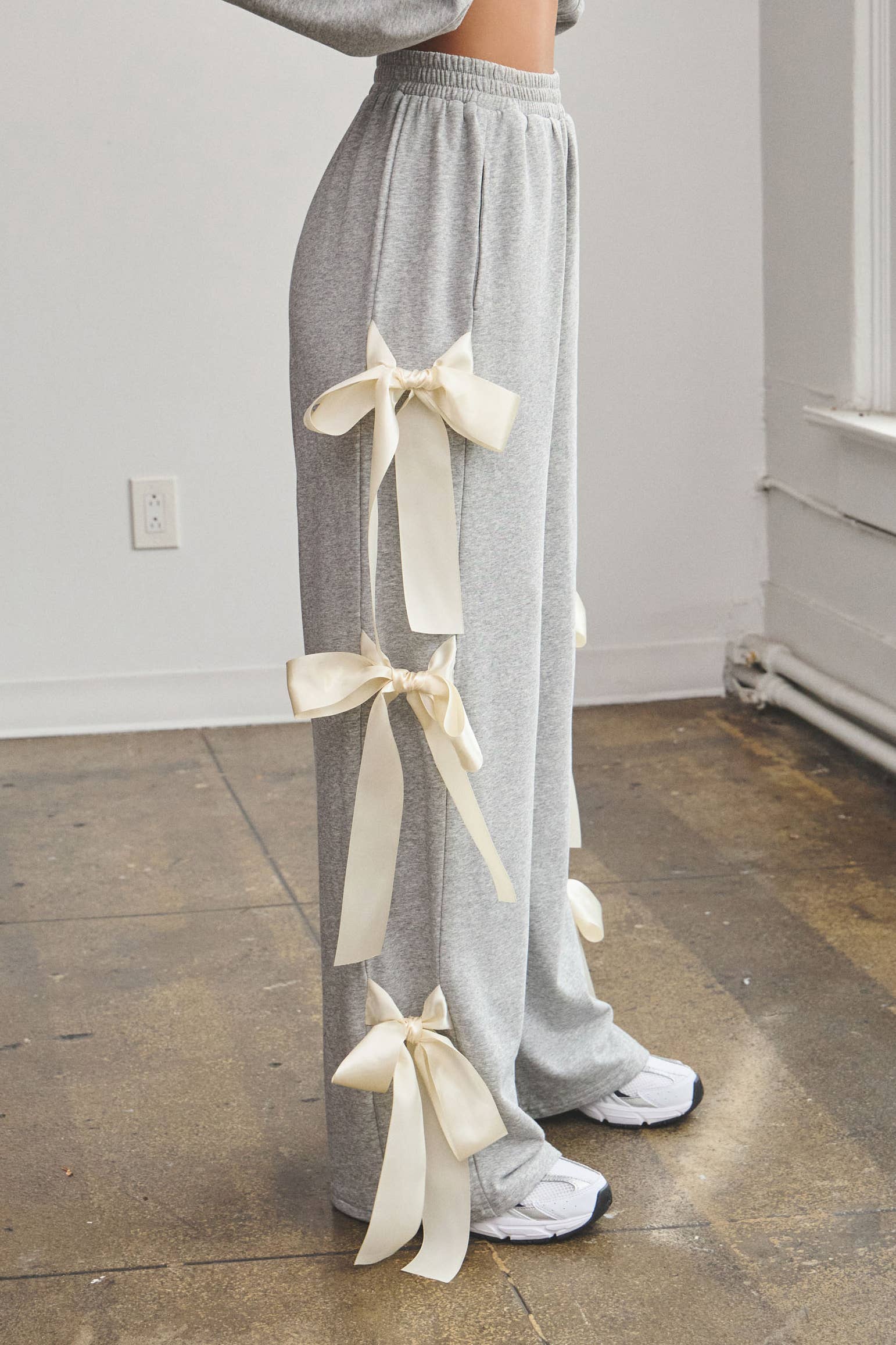 No Vacancy - Wholesale Pants - Women's - Wide french terry pants w/ large satin bow ties1
