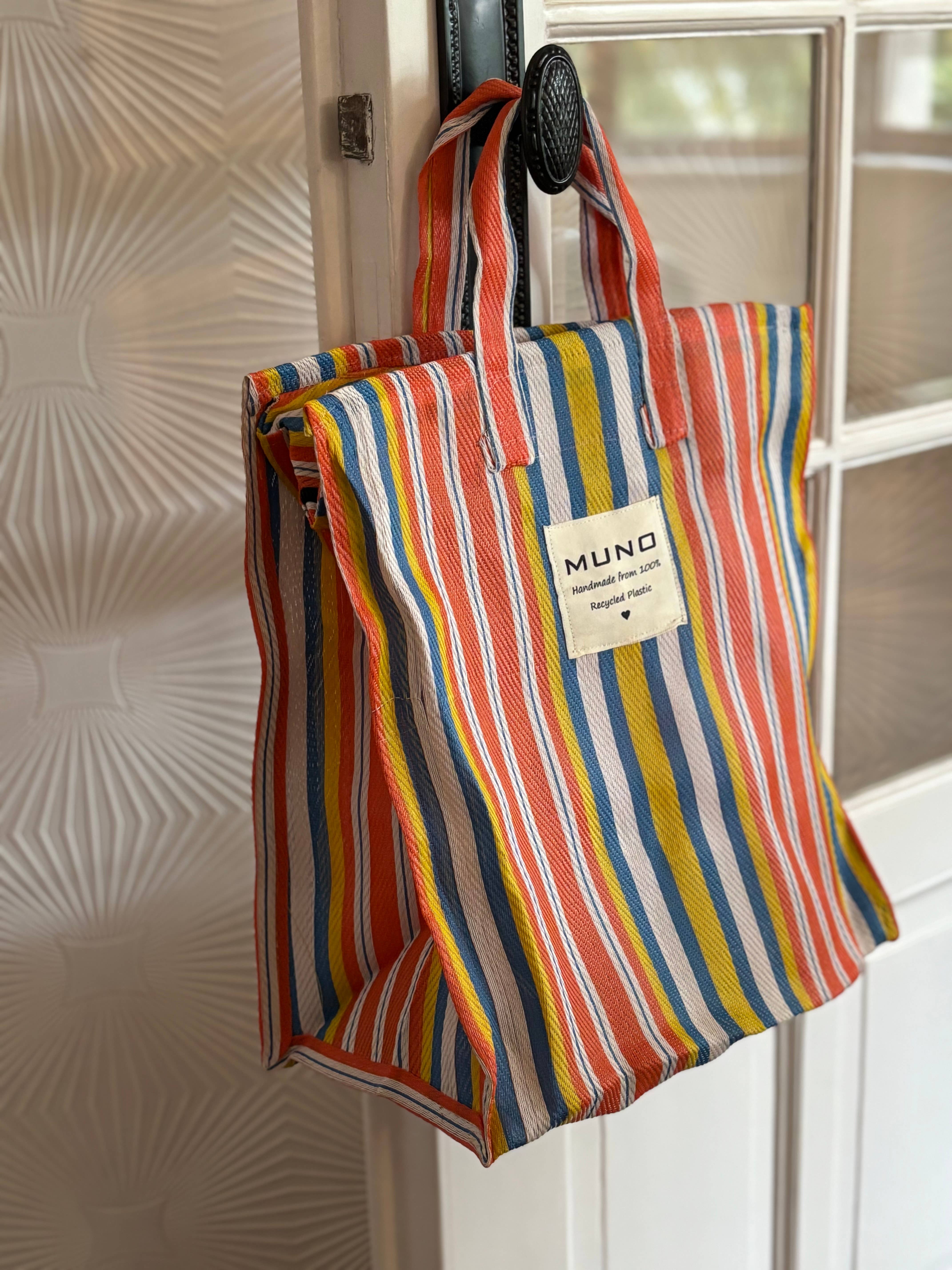 Muno - Vendita all'ingrosso Borsa per shopping/spesa - Borsa per la spesa in nylon riciclato fatta a mano - Arancione, giallo e blu2