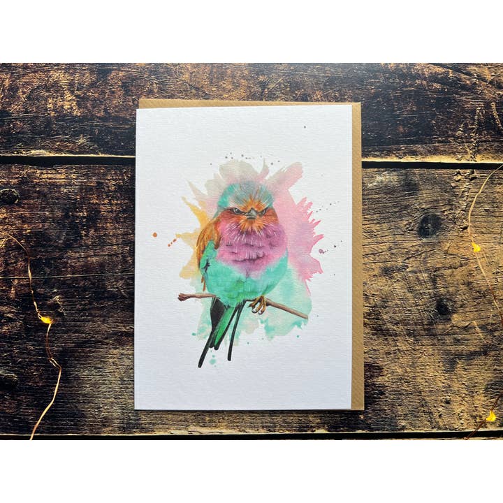 Lilac-breasted roller greetings card for wholesale by Georgina Doodles