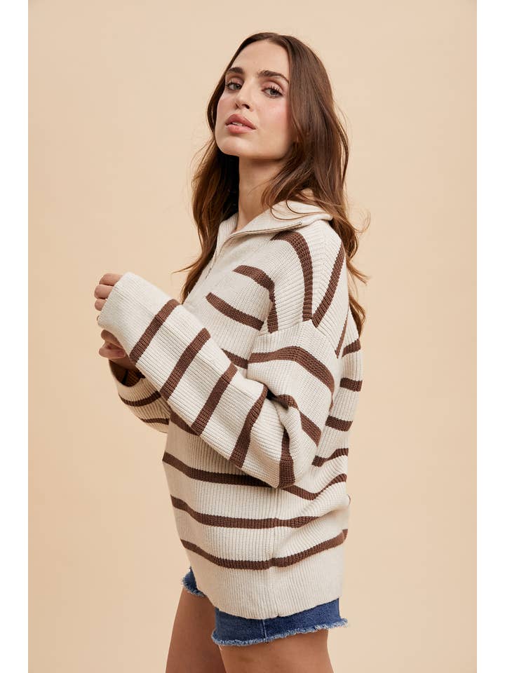 In Loom - Wholesale Knit Sweater - Women's - STRIPED HALF ZIP KNITTED PULLOVER