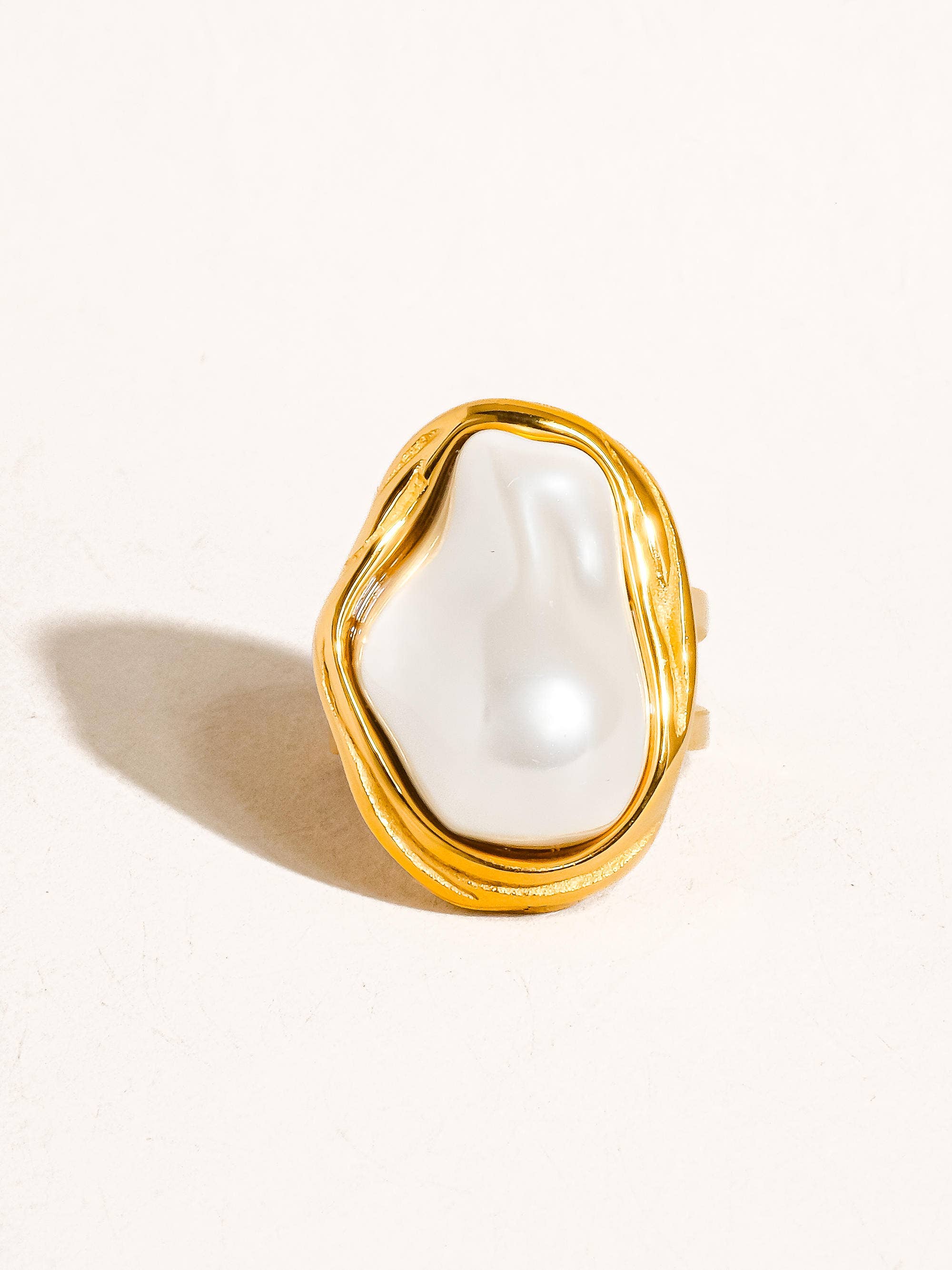 White Cameron 18K Gold Non-Tarnish Classic Pearl Round Ring for wholesale on Faire1