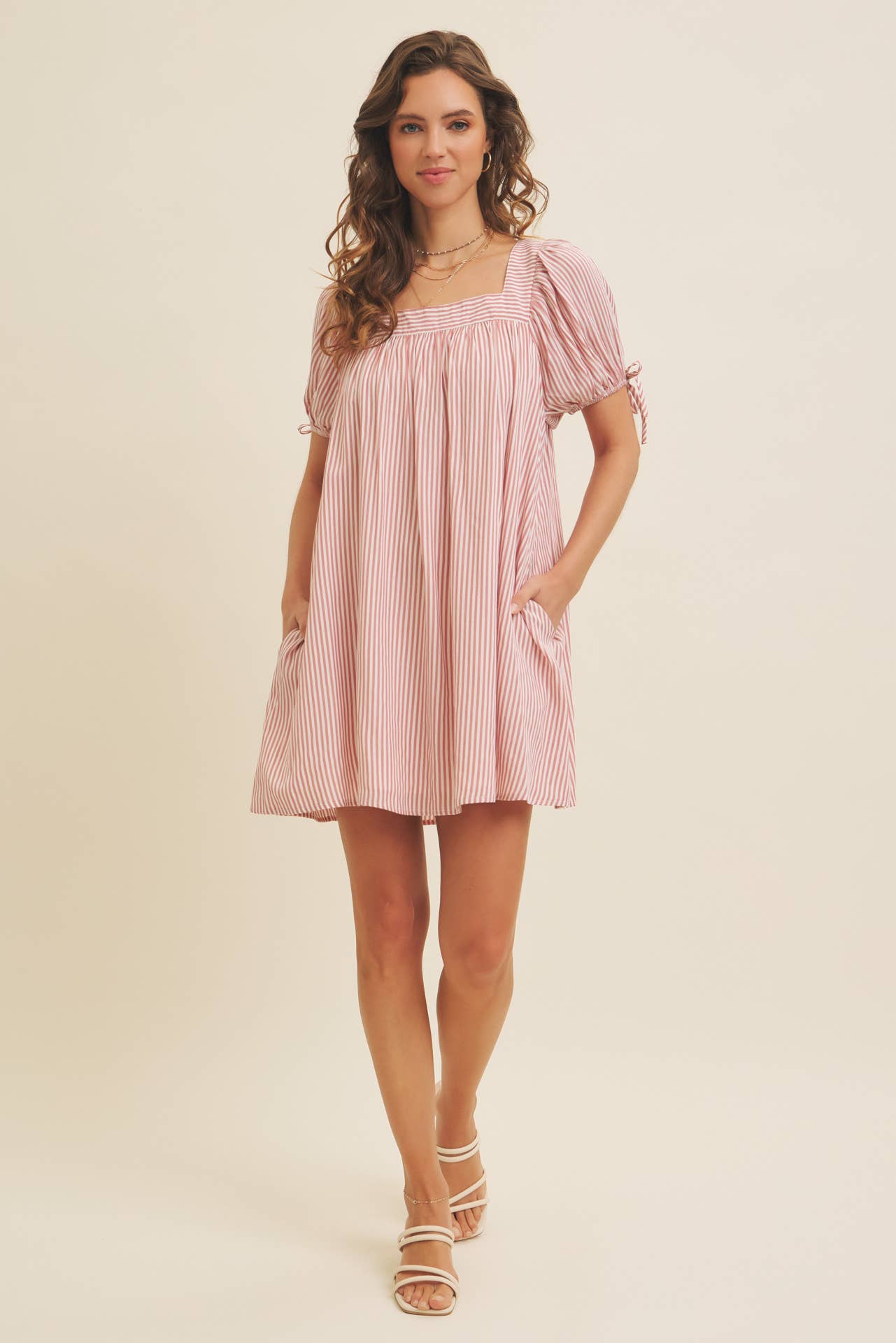 in february - Wholesale Dress - Women's - SQUARE NECK STRIPE FLARE MINI DRESS WITH BOW ON THE SLEEVES11