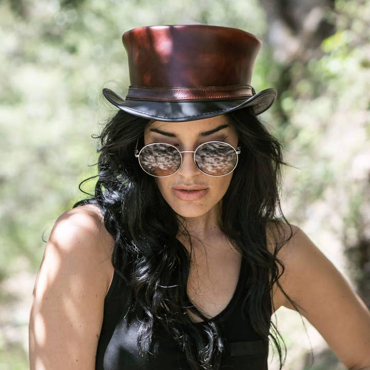 American Hat Makers - Wholesale Fedora - Unisex - Biker Genuine Leather Top Hat - Style Hampton