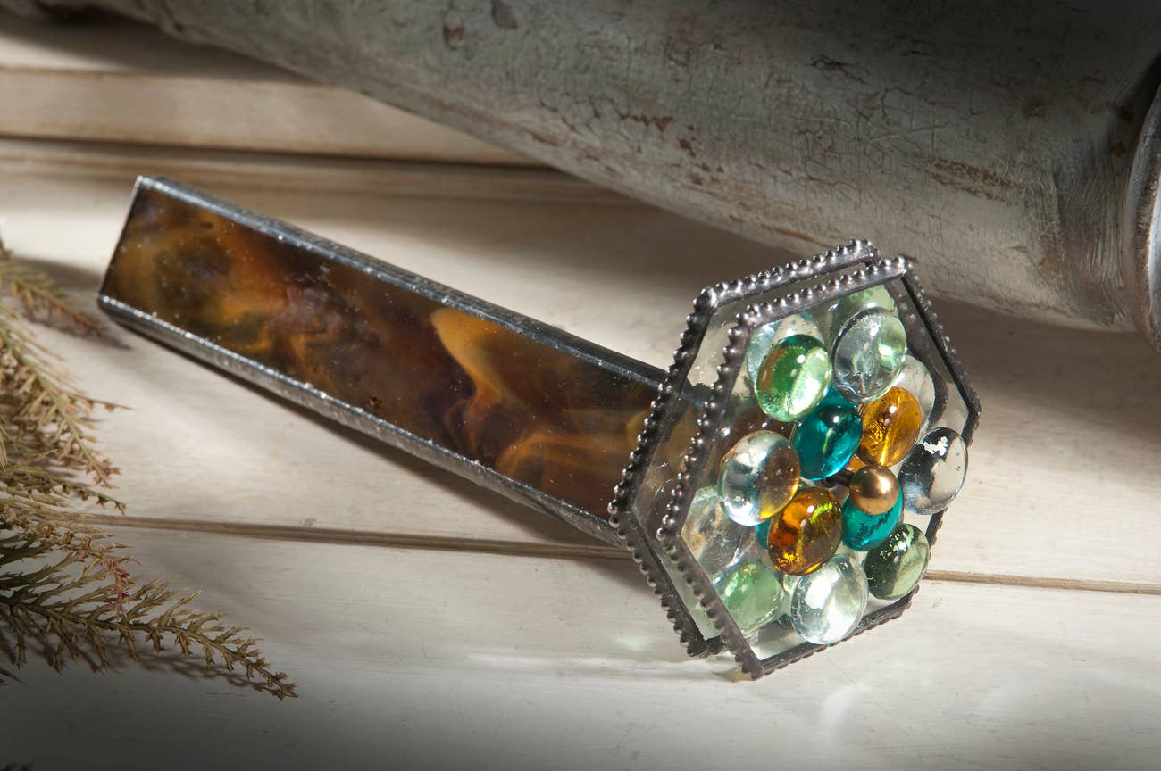 J Devlin Glass Art & Bert Anderson Collection - Wholesale Sculpture - Kaleidoscope Stained Glass Brown Double Wheel Kal 112