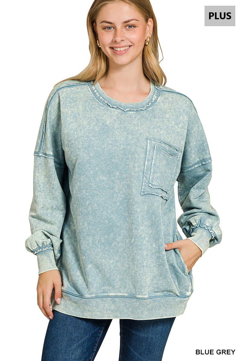 42POPS - Wholesale Sweatshirt - Women's - ', Plus French Terry Acid Wash Raw Edge Front Pocket5