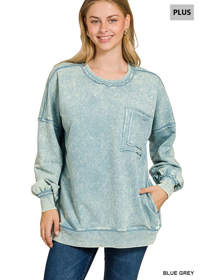 42POPS - Wholesale Sweatshirt - Women's - ', Plus French Terry Acid Wash Raw Edge Front Pocket5