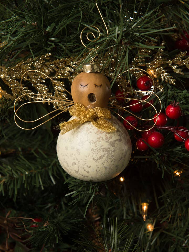 Julia Angel Hand-Crafted Gourd Christmas Tree Ornament for wholesale by Meadowbrooke Gourds