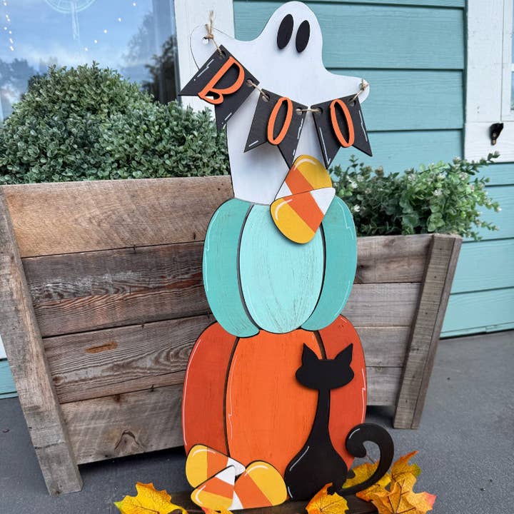 Halloween Ghost With Stacked Pumpkins 3D LASER PROJECT - G56 for wholesale by Paisley Grace Makery