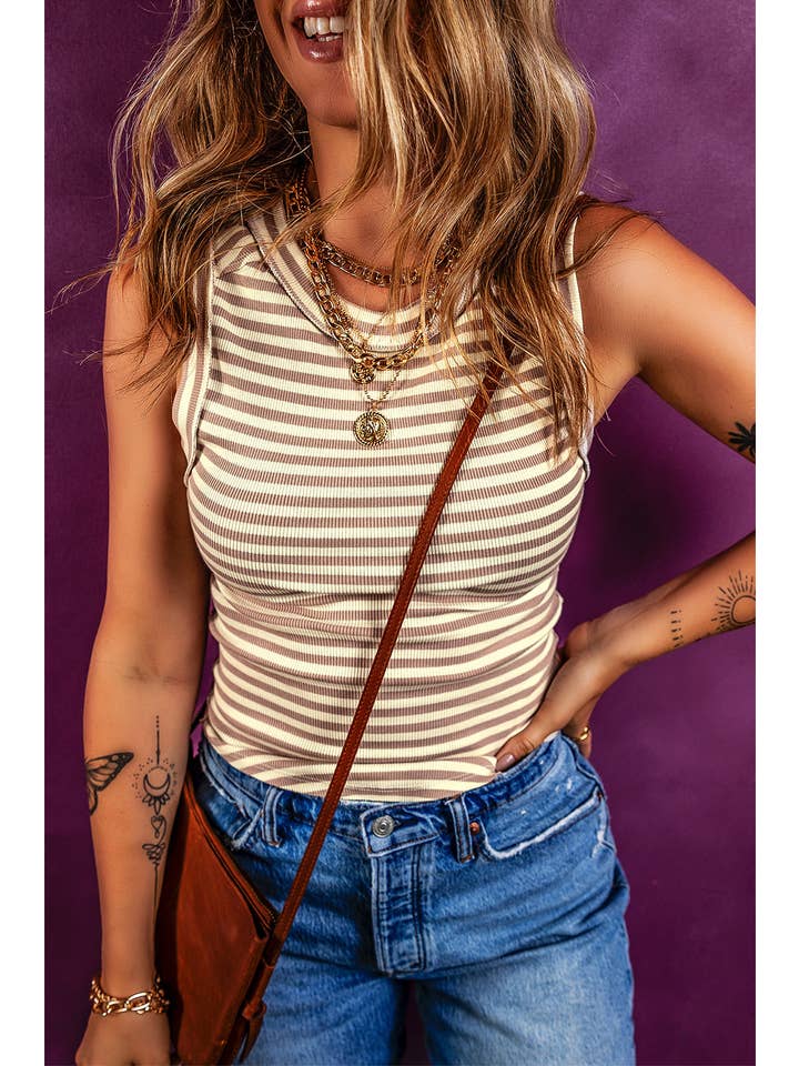 Khaki LDC Stripe Exposed Seam Trim Round Neck Sleeveless Top for wholesale on Faire