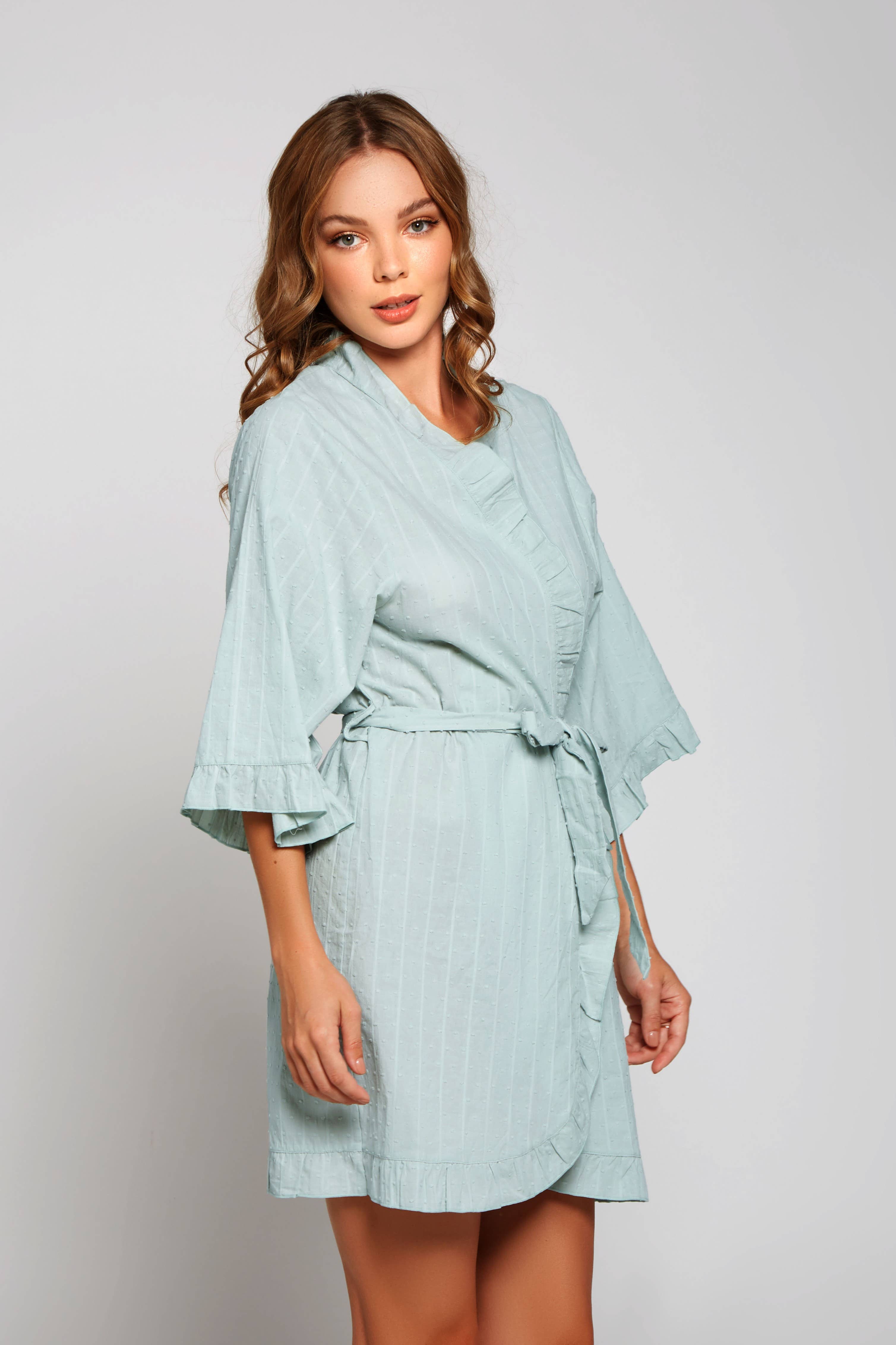 Claire Mint Ruffle Textured Short Robe for wholesale on Faire1