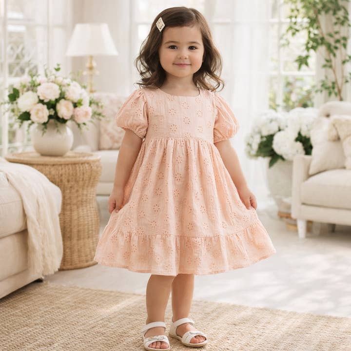 Robe à manches bouffantes en broderie anglaise rose Eleanor pour la vente par Tesa Babe