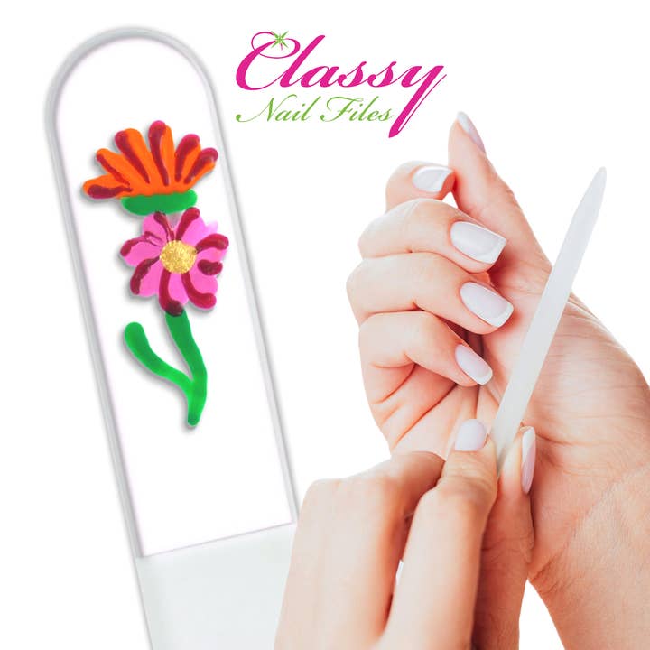 Classy Nail Files - Wholesale Nail File - Gerber Daisy Flower Hand Painted Czech Crystal Nail File