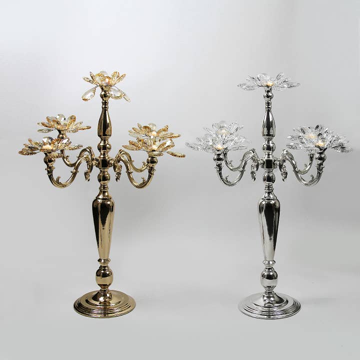 5 Arm Crystal Candelabra Metal Candle Holder, Silver for wholesale on Faire