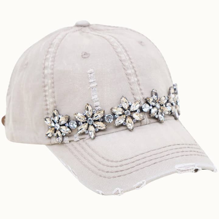 Olive & Pique - Wholesale Baseball Cap - Women's - Bejeweled Bling Glitz Distressed Cap, Adjustable