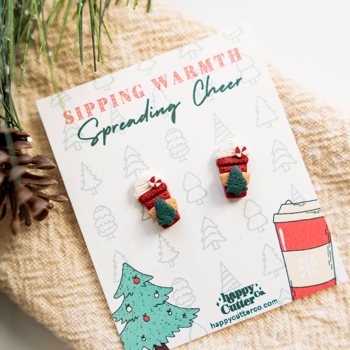 Happy Cutter Co - Wholesale Stud/Post Earrings - Holiday Stud Earrings | Red Peppermint Latte Cup Cocoa Studs