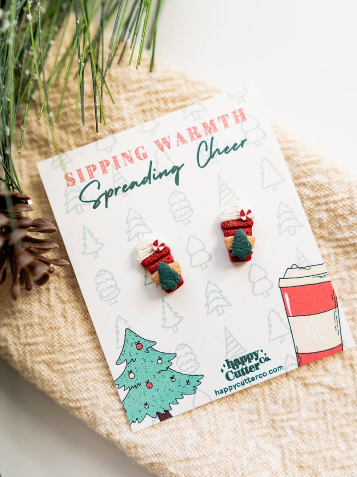 Holiday Stud Earrings | Red Peppermint Latte Cup Cocoa Studs for wholesale by Happy Cutter Co