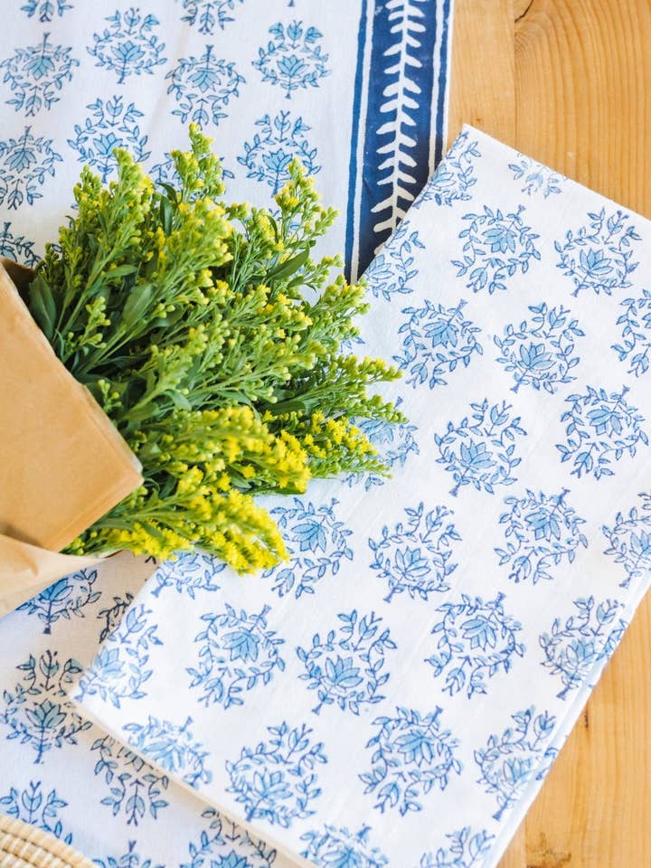 Table Throw - Lotus, Navy & Uniform Blue with Navy Vine Border for wholesale by Mended