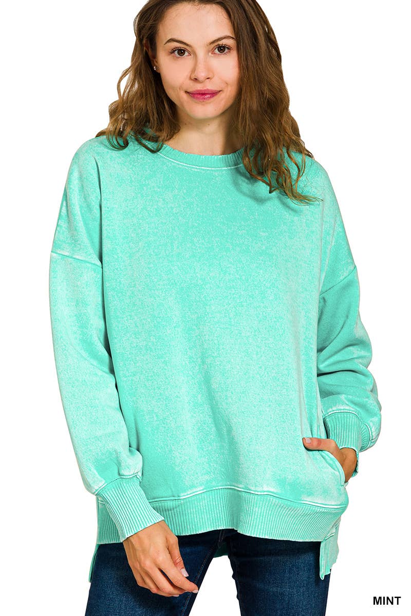 42POPS – Sweatshirt - Mulher por atacado – Pulôver de Fleece com Lavagem Ácida e Bainha Assimétrica com Bolsos SI-249807
