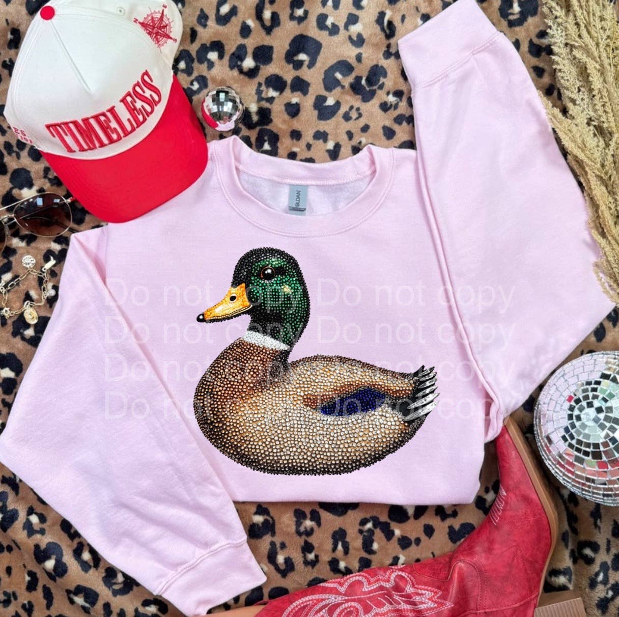 Rustic Rose Western Boutique - Wholesale Graphic Sweatshirt - Women's - Rhinestone duck ~ light pink sweatshirt 0
