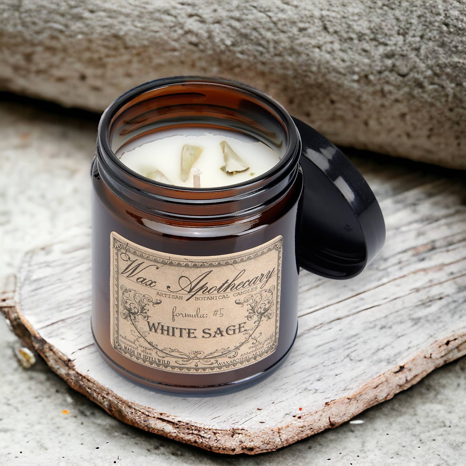 Wax Apothecary – wholesale Burkljus – Vit salvia 6oz botaniska ljus i bärnsten glasburk w/lock1