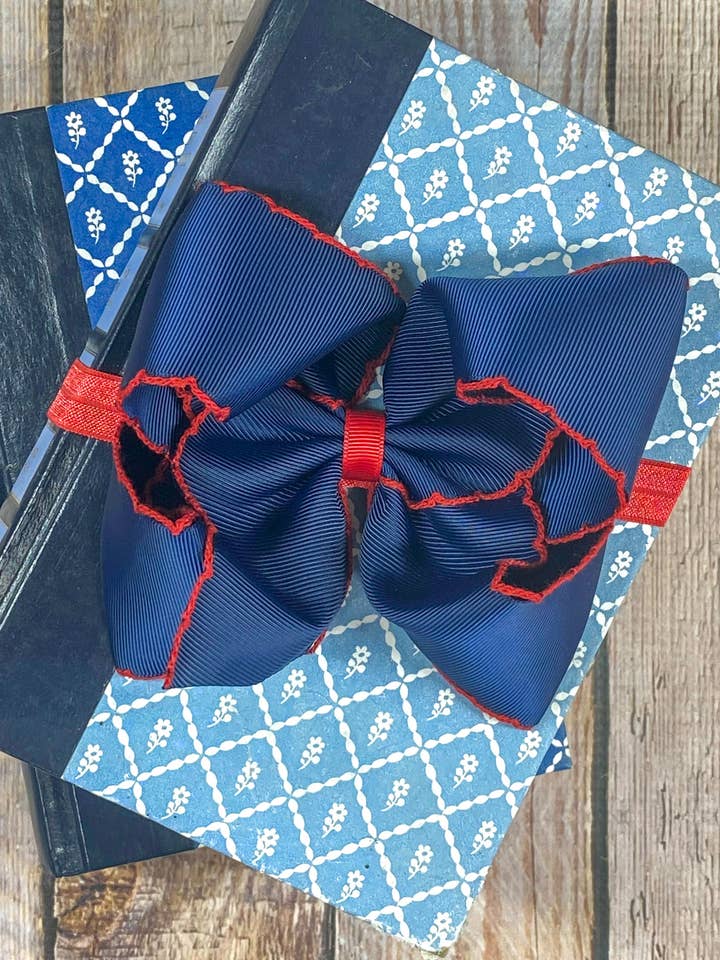 Navy with Red Moonstitch Bow Headband for wholesale by The Hair Bow Company