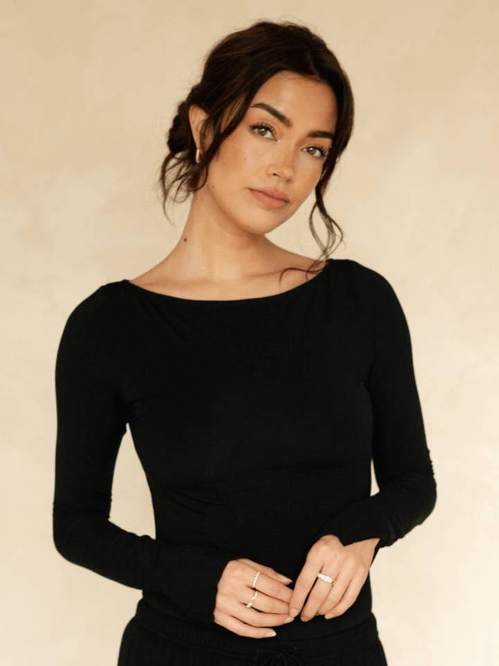 La camiseta de manga larga esencial Cool-Comf Lounge - Negro mate para venta al por mayor de Londre Bodywear