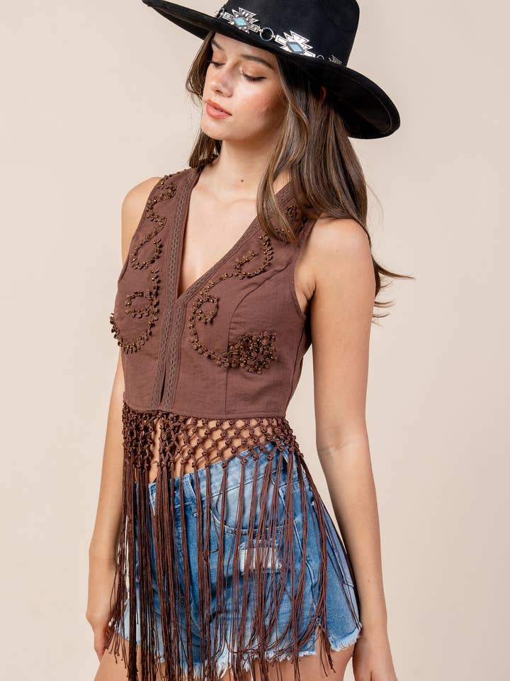 CT10377N / RAYON NYLON FRINGE ACCENTS TOP for wholesale by BEIVY & COLLABO