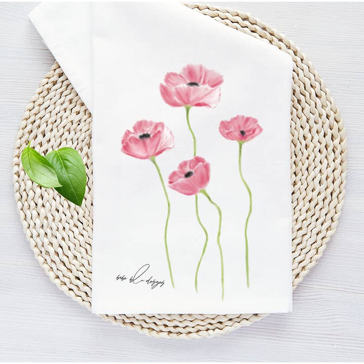 Poppies Tea Towel, Rosy Red Poppy Tea Towel, Kitchen Decor for wholesale by Bebe Blu Designs, LLC