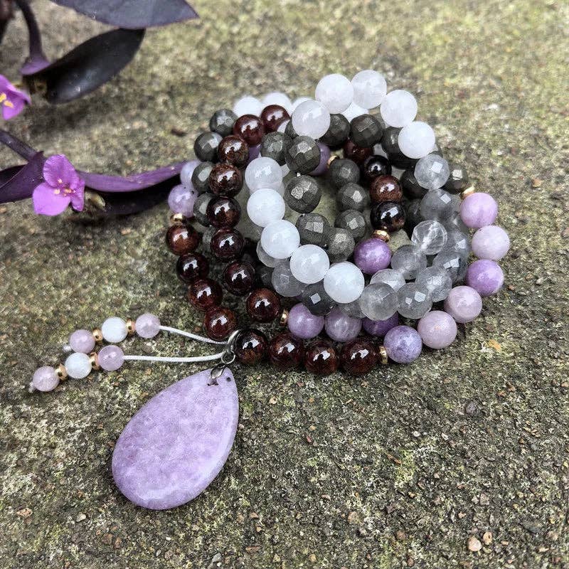 Harmony Mala - Wholesale Beaded/Pearl Necklace - Lepidolite, Pyrite, Gray Crystal, Garnet Mala Bead Necklace2