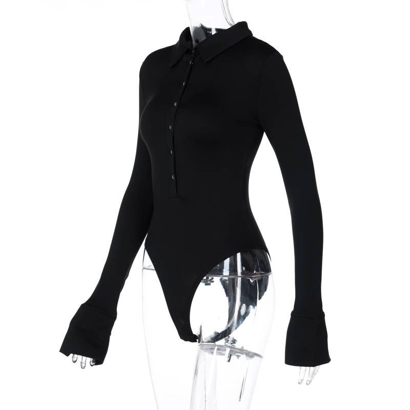 UNISHE - Wholesale Bodysuit - Women's - Plain Button UP Long Sleeves One Piece Bodysuit ZZKF41014