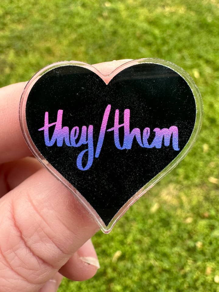 They / Them Pronoun Heart Pin for wholesale by PTSFeminist
