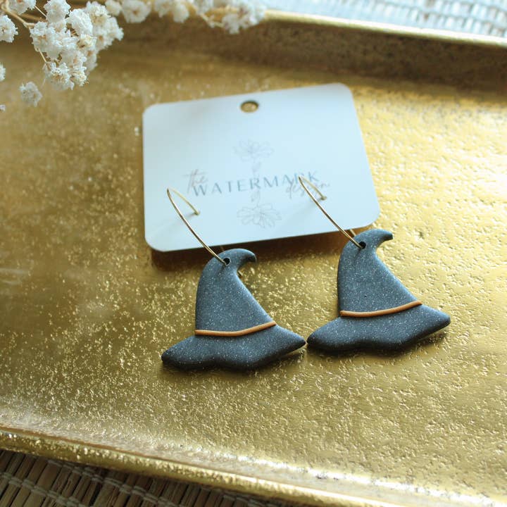 Halloween - Grå heksehat med guld bånd hoop øreringe for engroshandel hos The Watermark Design