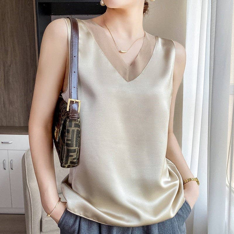 UZ Wholesale Store - Wholesale Tank Top - Women's - Sweet V-Neck Wide Strap Tank Top With Mesh Splice4