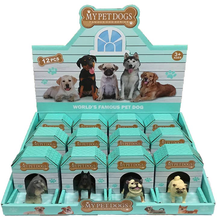 Texas Toy Distribution - Wholesale Figurine Toy - Kids - Assorted Pet Dog Figurines in Dog Houses, Display Box of 12