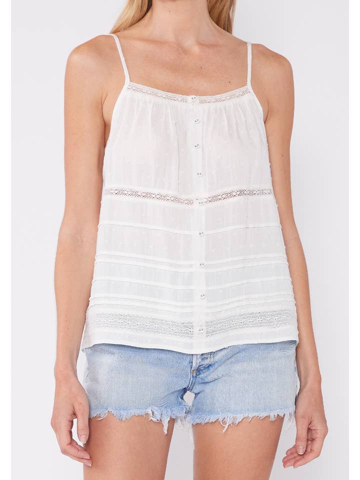 Off White Bohemian Lace Trim Button Front Tank Top for wholesale on Faire