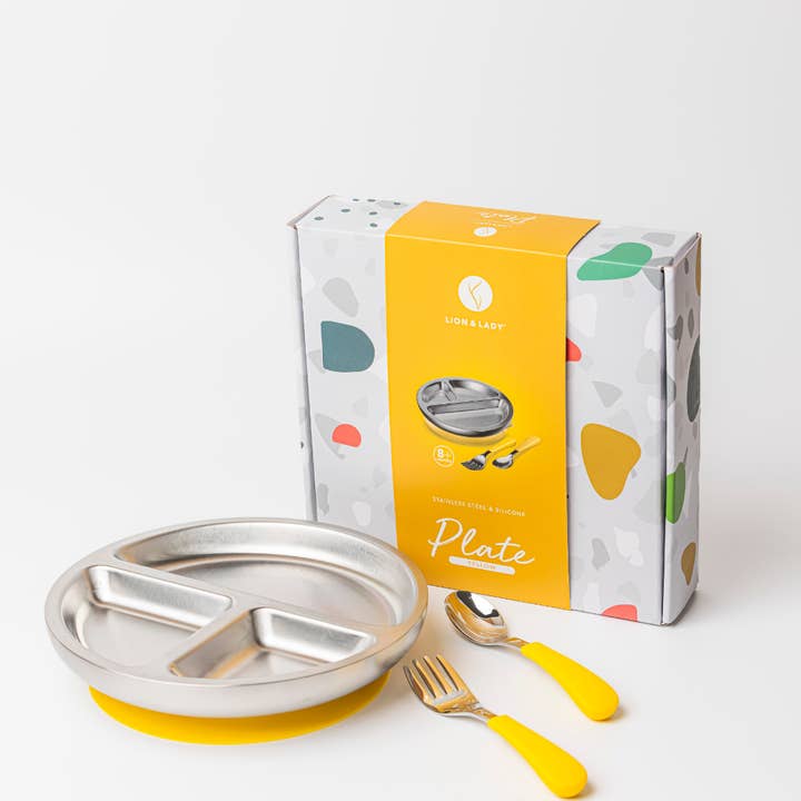Lion & Lady - Wholesale Feeding Set - Baby - 18/8 Stainless Toddler Plate with silicone suction base, spoon and fork