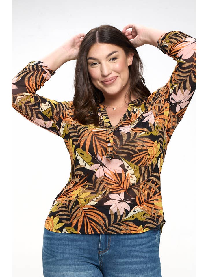 DNA Couture – wholesale Blus - Dam – Plus Storlek Mesh Leaf Print Henley Blus