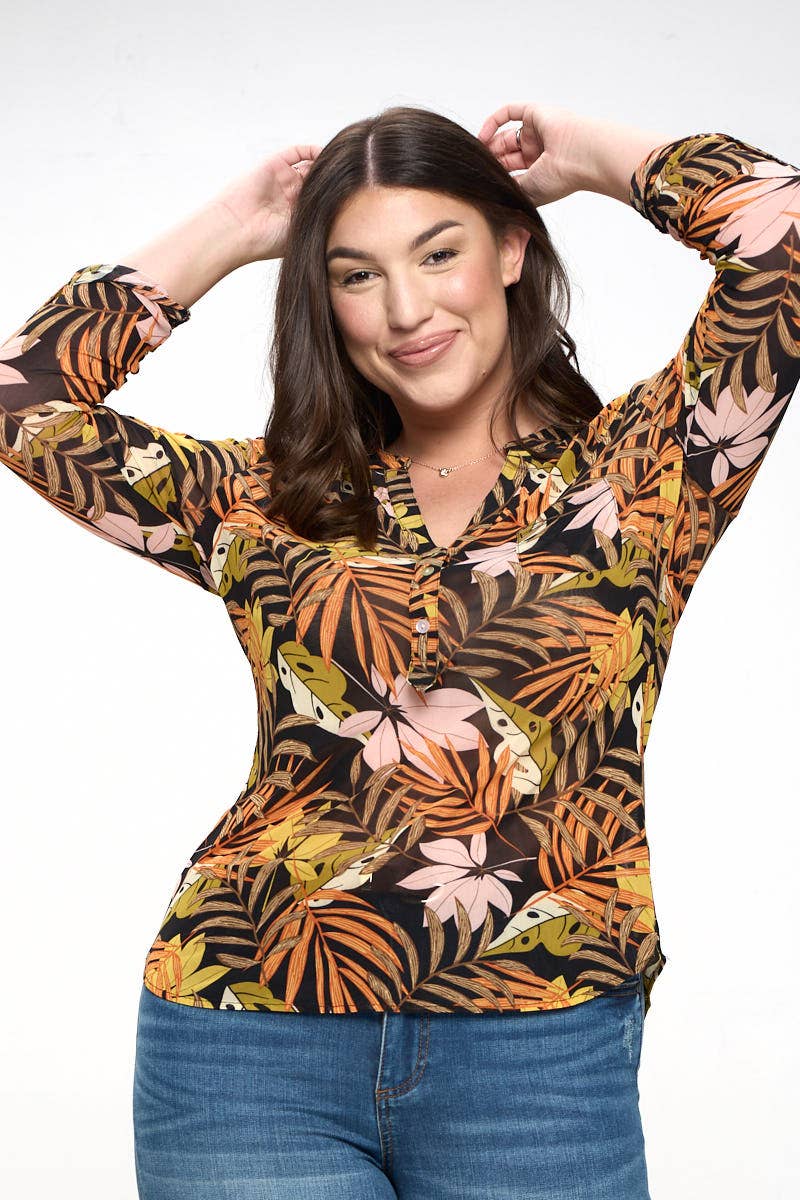 Roest/bruin Henley-blouse met netjesprint - grote maten voor groothandel op Faire