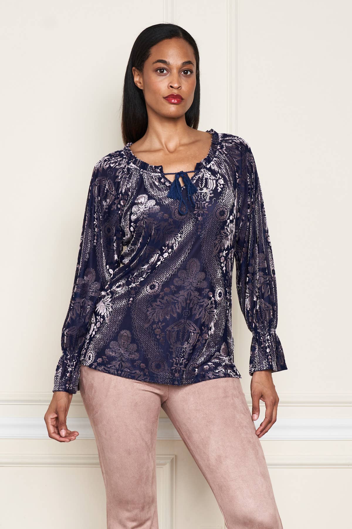 Blue Gray 5530-MAT Burnout Velvet Knit Peasant Top for wholesale on Faire4