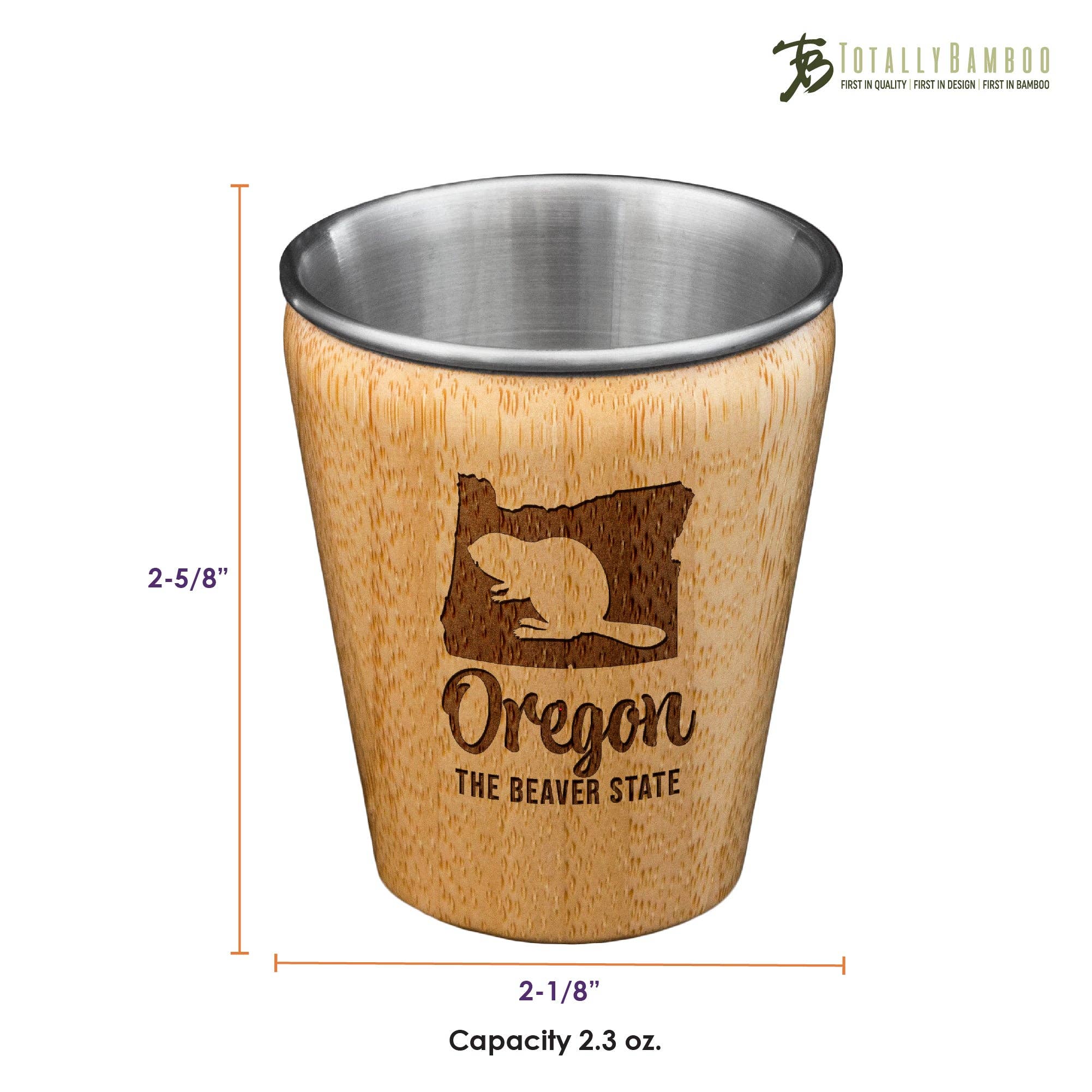 Totally Bamboo – wholesale Shotglas – Oregon graverat skottglas, bambu med rostfritt stål2