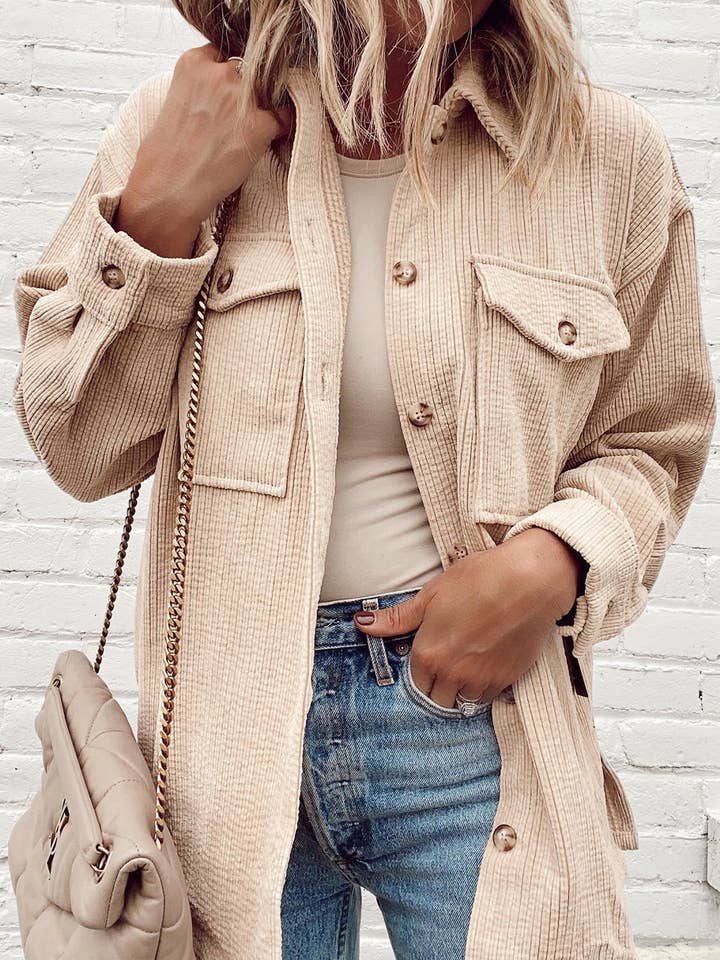 Oatmeal Corduroy Flap Pocket Buttoned Shacket for wholesale on Faire