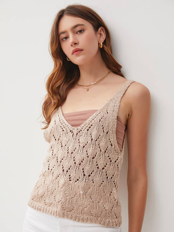CROCHET V-NECK POINTELLE KNIT TANK for wholesale by Be Cool