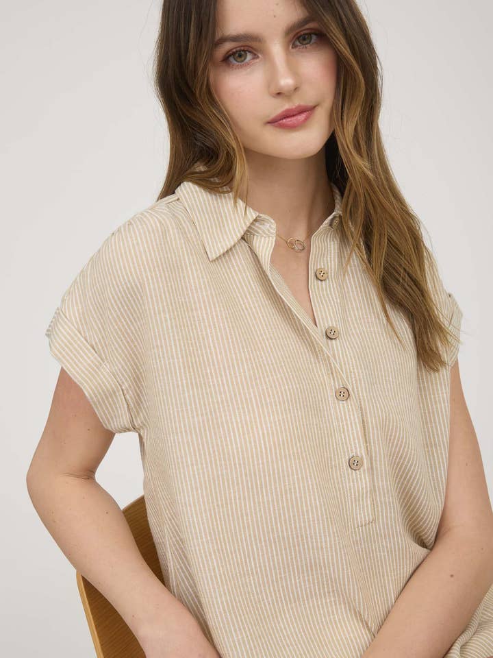 Blu Pepper - Wholesale Blouse - Women's - STRIPE HALF BUTTON COLLARED SHORT SLEEVE SHIRT