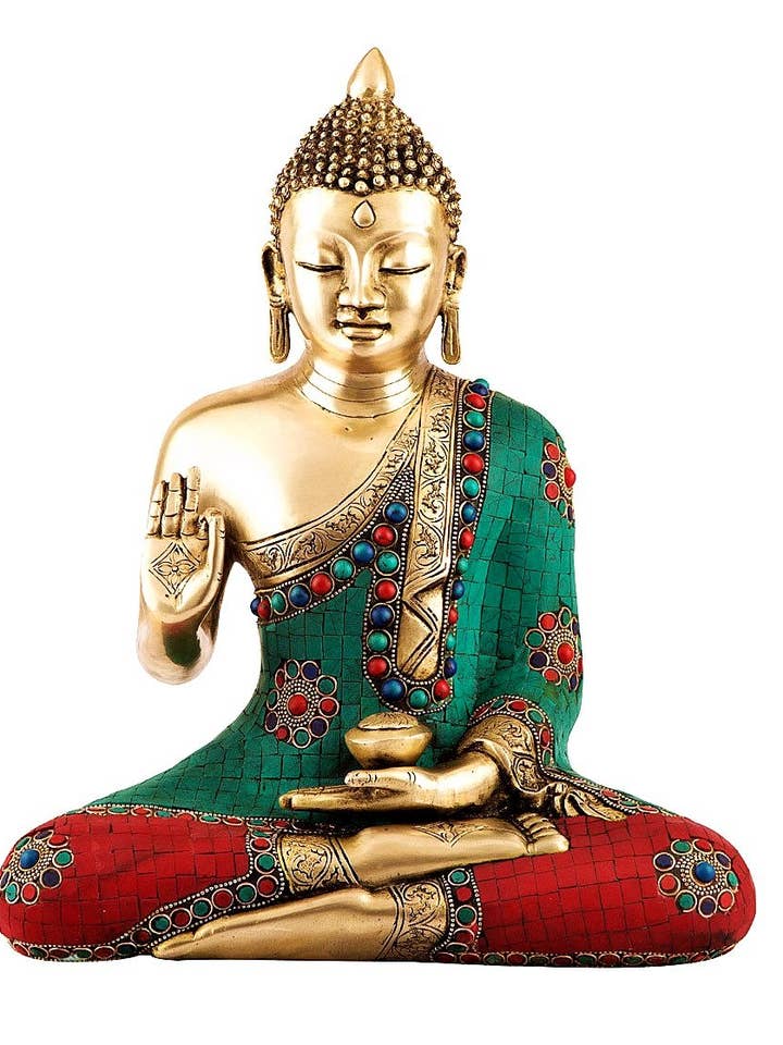 15" Tibetan Blessing Buddha With Inlay In Brass | Handmade for wholesale by Exotic India Art