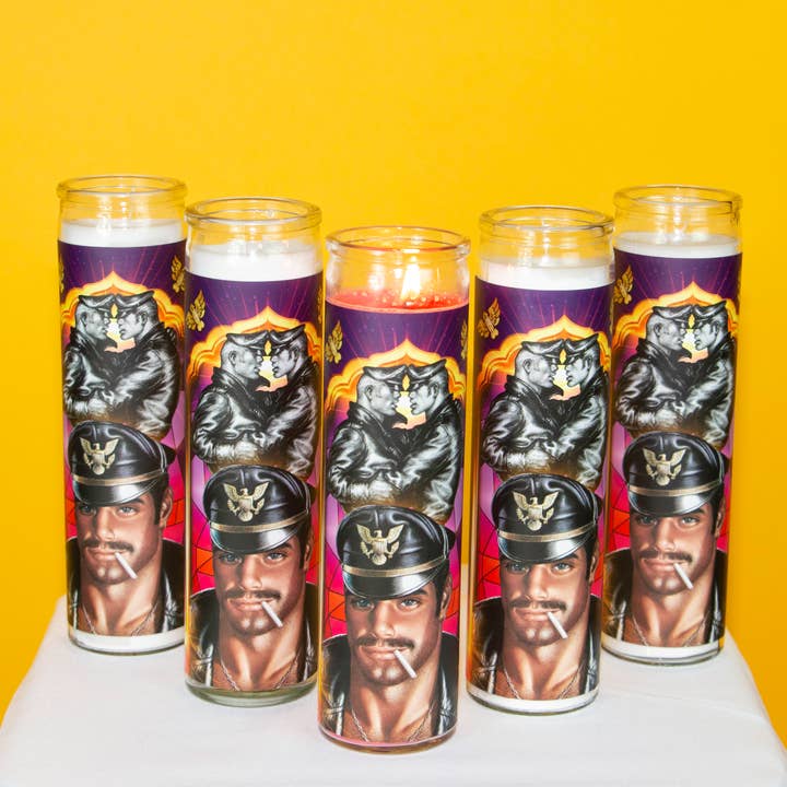 Peachy Kings / Kweer Cards - Wholesale Votive Candle - Tom of Finland "Leather Daddy" Prayer Candle Gay Queer LGBT