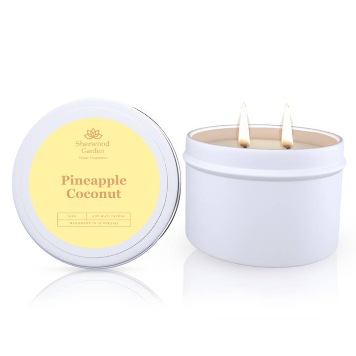 Pineapple Coconut Soy Candle Tin 165g for wholesale by Sherwood Garden Home Fragrances