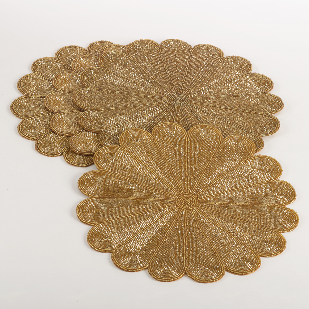 Fennco Styles - Wholesale Placemat - Gold Flower Beaded 15" Round Placemat 1