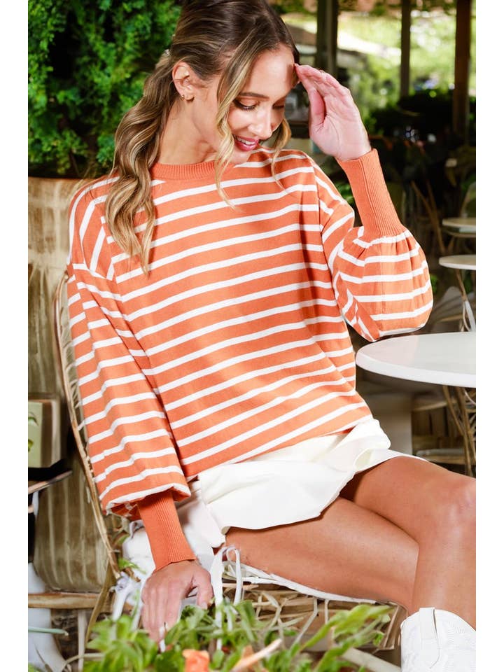 Vine & Love - Wholesale Knit Sweater - Women's - Striped Long Balloon Sleeve Knitted Sweater Top VT60387D30