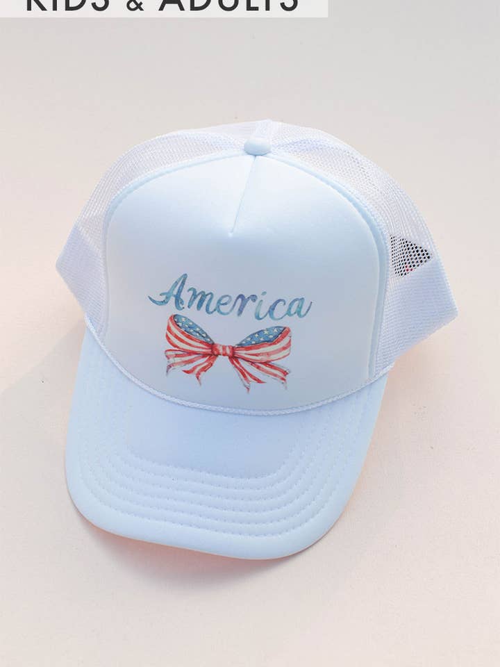 Kids or Adults Coquette Bow America July 4 Trucker Hat for wholesale by Space 46 Wholesale