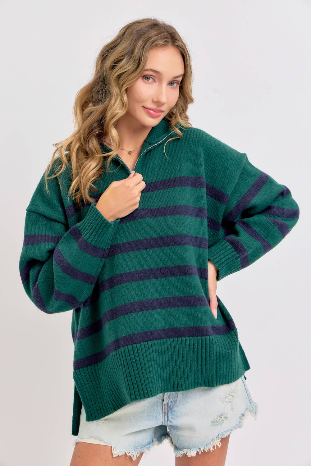 Sweet Lovely by Jen - Wholesale Knit Sweater - Women's - STRIPED ZIP-FRONT OVERSIZED PULLOVER KNIT SWEATER  35